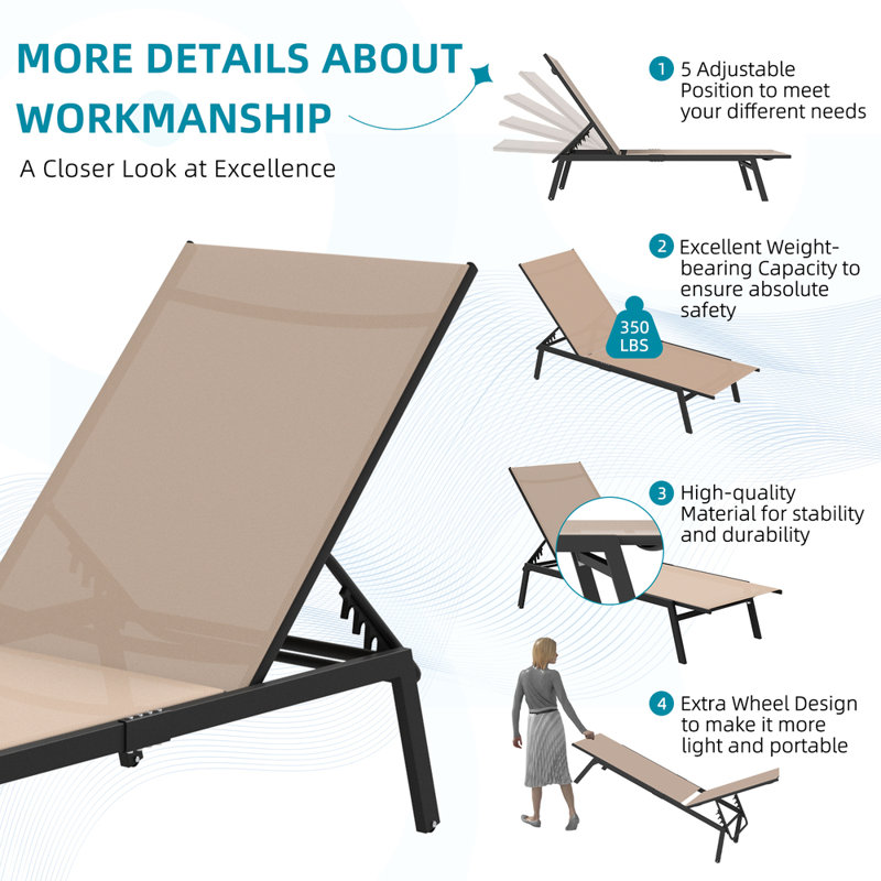 Ensemble de 4 chaises longues réglables à l'extérieur, Kaki