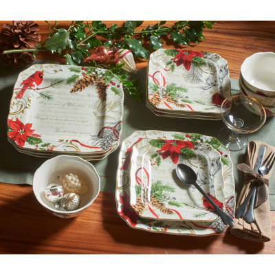 222 Fifth 12-Piece Holiday Wishes Red Porcelain Dinnerware Set - Service For 4, Plate & Bowl Set
