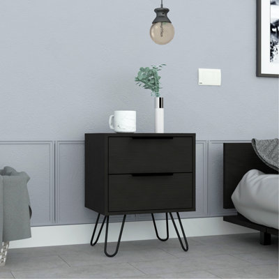 2 tables de chevet, pieds en épingle à cheveux, 2 tiroirs, noir
