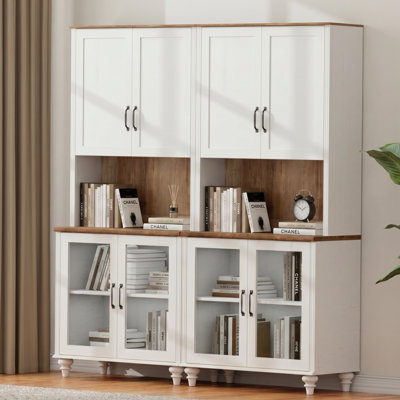 Bibliothèque Corretta 5 niveaux (183 cm H x 173 cm L) avec portes vitrées et étagère réglable, grande bibliothèque en bois beige pour salon, bureau ou salle d'étude