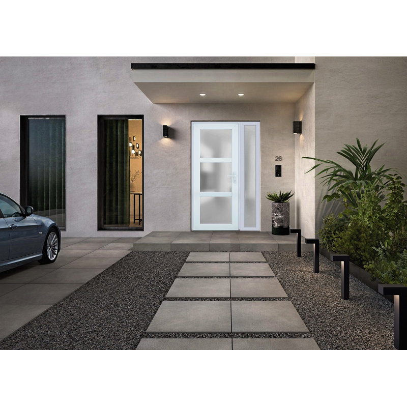 Façade extérieure pré-montée Fibre de verre porte givrée / Manux 8552 blanc soie / côté extérieur fenêtre / bureau Portes d'entrée commerciales et résidentielles Garage de garage-W30 + 14 po x H80 po -Ins droite