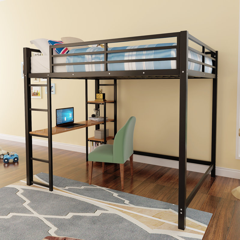 Lit mezzanine double en métal avec bureau intégré en L 55,5 po et 3 tablettes ouvertes, noir