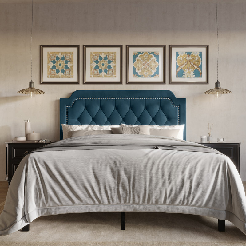 Lit plateforme tapissier Dwayna, Bleu marine, Très grand