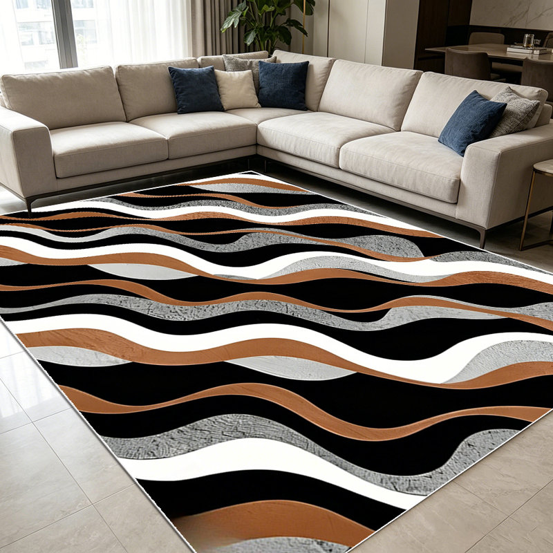 1PC Brown Black White Gray Wavy Stripe Geometric Abstract area rugs for Living Room, Soft and Comfortable, Suitable for all seasons, easy-to-maintain, machine washable Indoor floor mat, Under Table Farmhouse suitable for Dining Room, Bedroom,