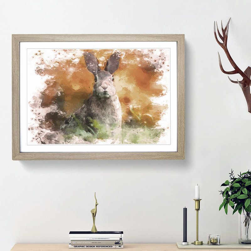 Hare in a Meadow in Abstract - Picture Frame Painting Print, 36cm H x 48cm W x 2cm D, Oak Framed