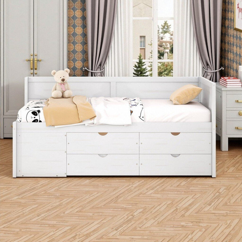 Lit de jour avec rangement en bois massif avec tiroirs et tablettes Dormal, Lit simple, Blanc