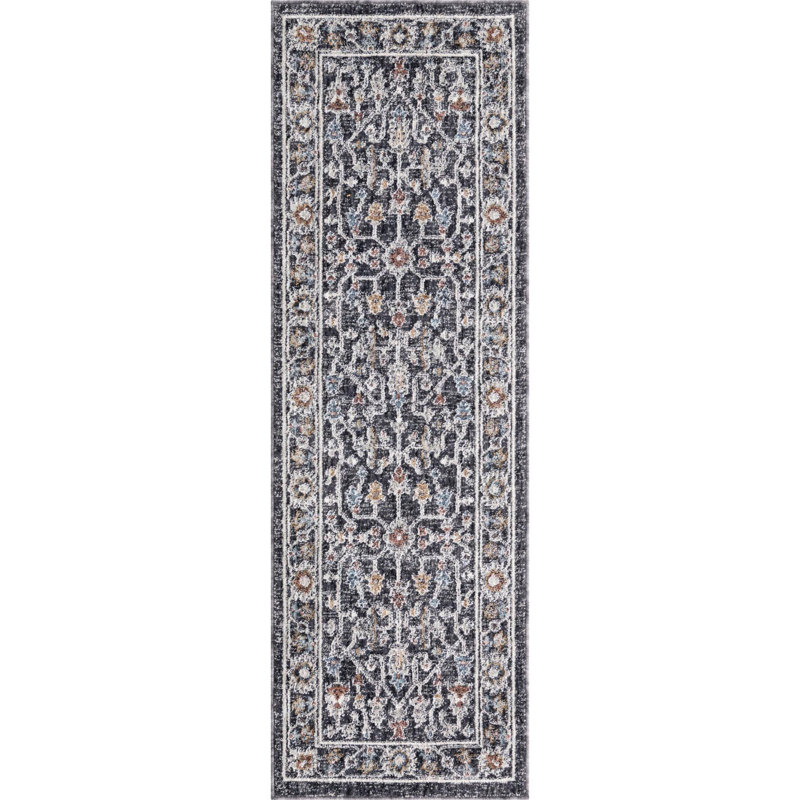 Tapis traditionnel gris foncé / brun clair, Tapis de couloir 2 pi x 6 pi