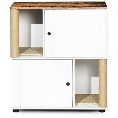 White & Vintage Double Cat Litter Box Enclosure With Shelf, For Two Cats, Fits A Array Of Boxes, Layer Space Saving Variety, Scratching Property, Leak