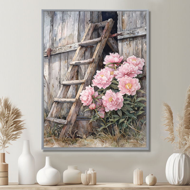 Dupera, pivoines par échelle de grange II - pivoines, art mural encadré, H 44 po x l 34 po, Reproduction avec cadre flottant