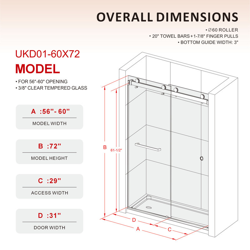 UKD01 56 to 60 in. x 72 in. H Frameless Double Sliding Shower Door with 3/8 in. (10mm) Clear Glass , Satin Brass