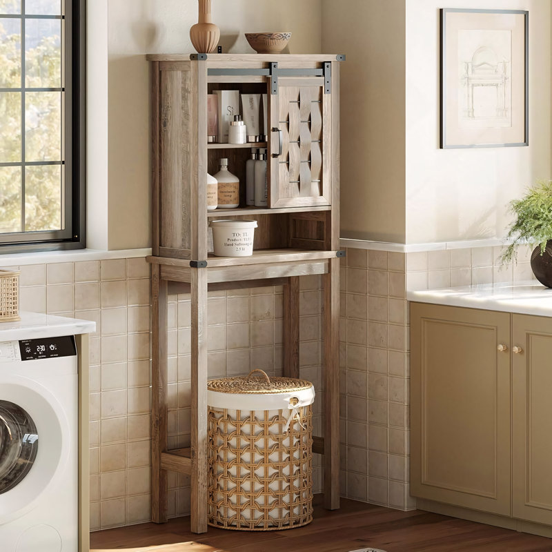 68" Freestanding Over-Toilet Storage with Sliding Barn Door & Adjustable Shelves, Light Brown