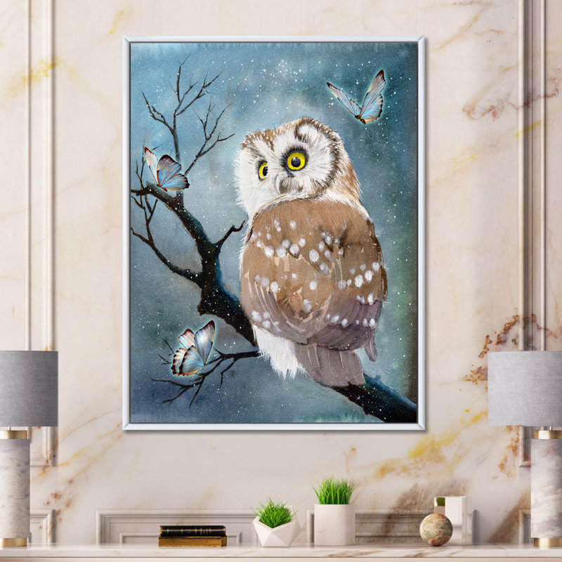 Une chouette avec des plumes brunes claires et des taches blanches - peinture sur toile, Toile à cadre flottant blanc