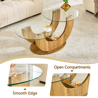 Table basse créative en U à deux niveaux en verre avec base en panneau de fibres à densité moyenne à grain de bois: une table d'appoint de salon moderne et minimaliste à hauteur réglable.
