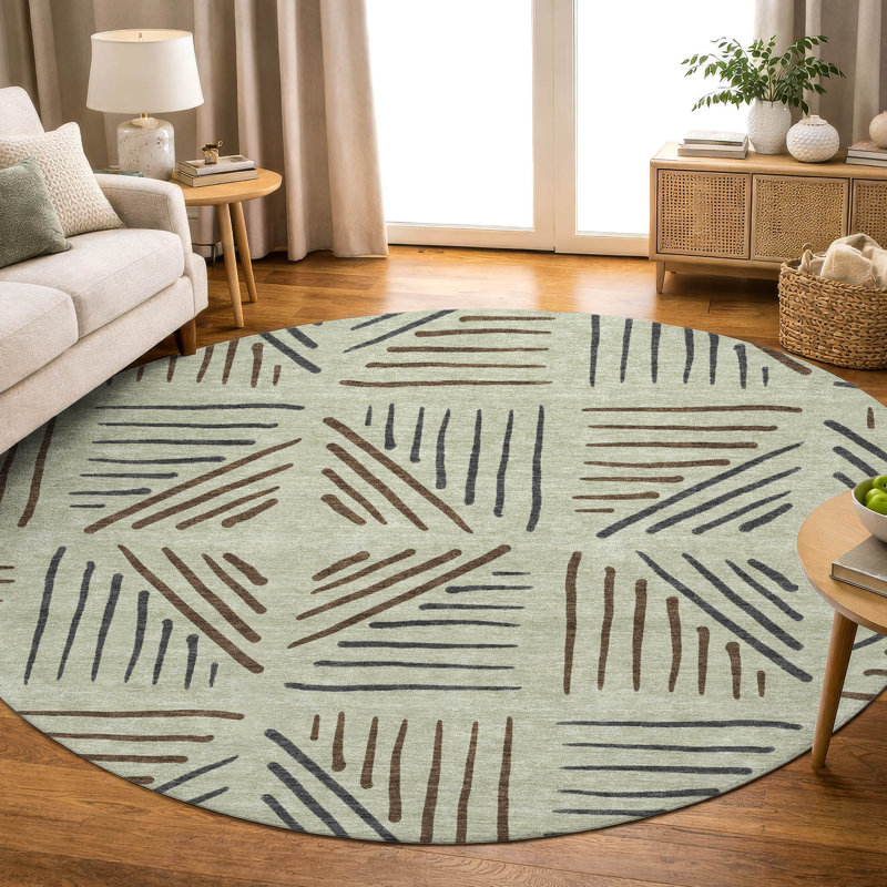 Premium Machine Washable Mayfield AMF2413 Geometric Rug, Celery, 8' Round
