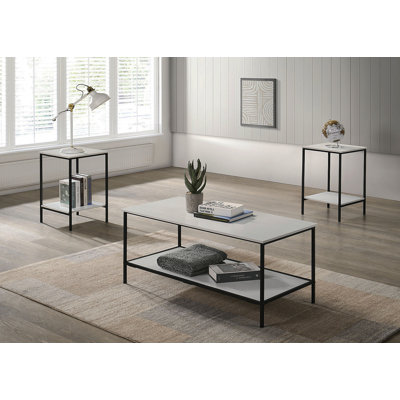 White Finish Rustic Style 3Pc Table Set 1X Coffee Table 2X End Table Minimalist Style Two Layered Storage Space Primary Living Room