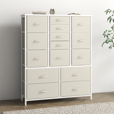 15 Drawer Dresser for Bedroom, Tall Chest of Drawers with 3-Size Fabric Bins, Steel Frame Storage Cabinet Organizer with Sturdy Wood Top, White Storage Tower for Closet Hallway Living Room