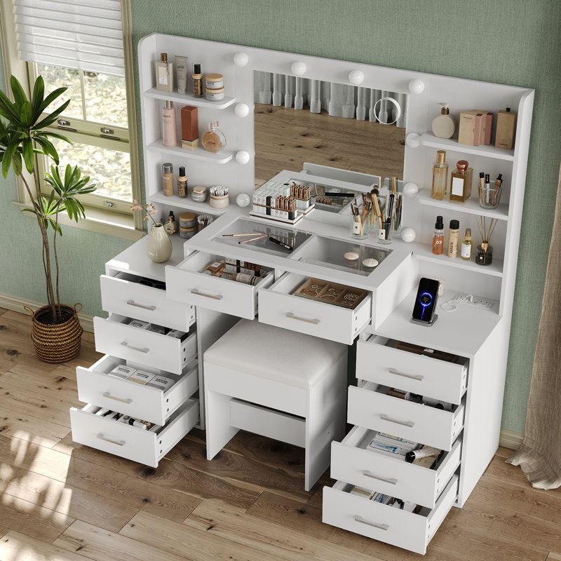 55'' W Makeup Vanity With Mirror & Lights, 10 Drawers Vanity Desk With Charging Station, 6 Open Shelves, 3 Lighting Modes Brightness Adjustable, Glass Top Vanity With Chair