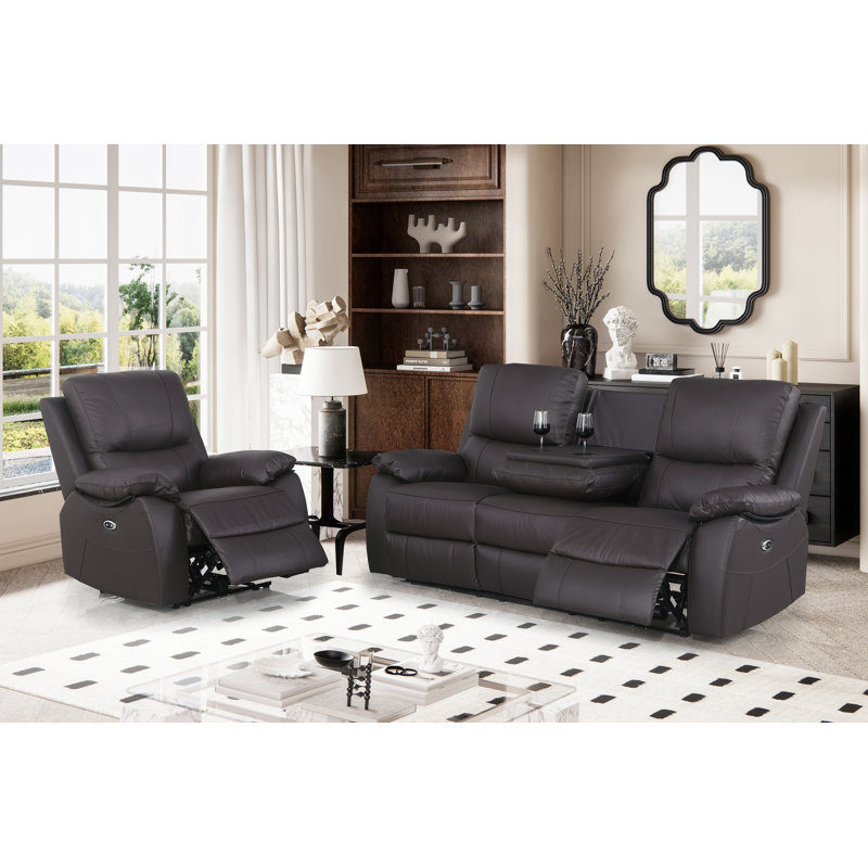 Ahni 2-Piece Genuine Leather Pillow Top Arm Recliner Sofa Set, Brown Genuine Leather