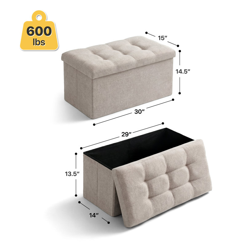 30" Collapsible Storage Ottoman Bench, Cotton-Linen Footrest With Storage, For Living Room, Bedroom Entryway, Sandy Beige