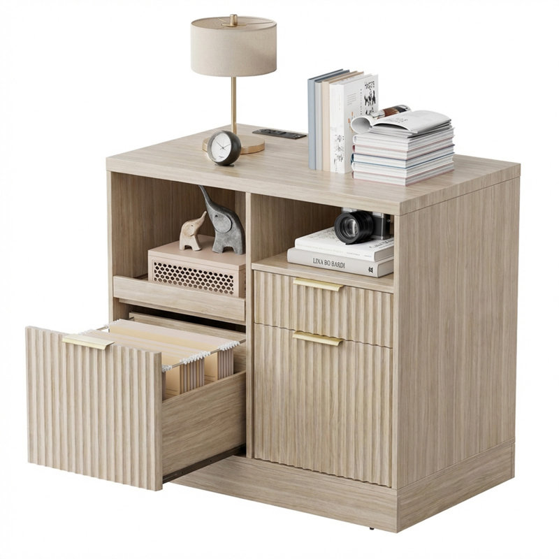 32”  2 Drawer Lateral Filing Cabinet , Charging Station & Storage For Home Office, Light Walnut