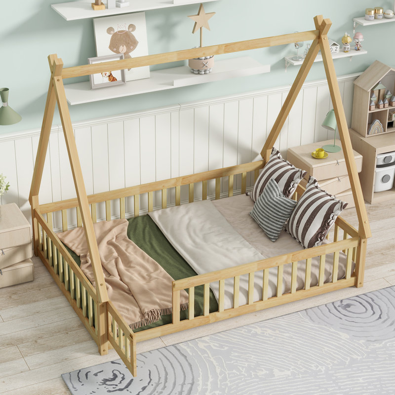 Tent-Shaped Floor Bed,Teepee Bed With Guardrails,Slats, Natural