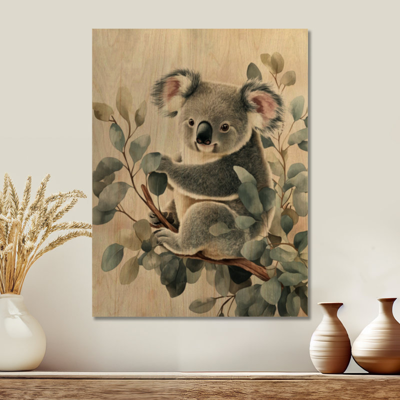 Koala parmi les eucalyptus - Art mural en bois pour chambre de bébé, H 32 po x l 24 po, Rectangulaire