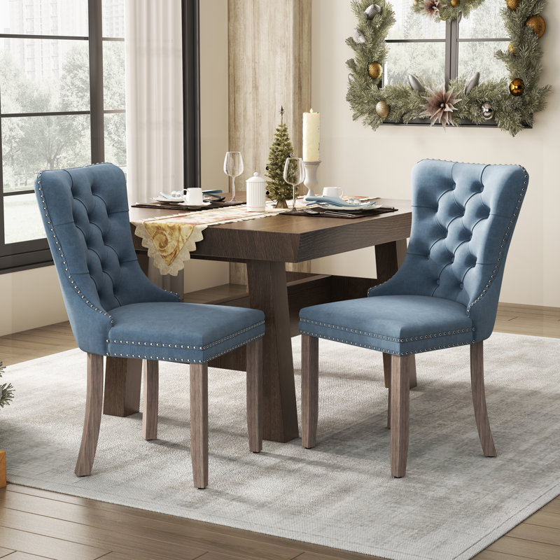Tufted Velvet Wing Back Side Dining Chairs, Brown, Light Blue