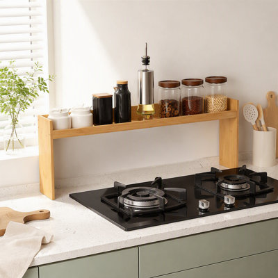 Multi-functional spice rack above the stove, equipped with six hooks for holding kitchen utensils, easy to install kitchen countertop storage rack.