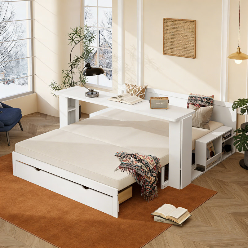 Multifunctional Daybed with Removable Desk, Storage Drawers & Hydraulic Side Table, Space-Saving Sofa Bed Frame, White, Full