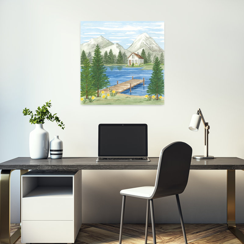 Quai au lac, paysage abstrait, art d'été, H 18 po x l 18 po