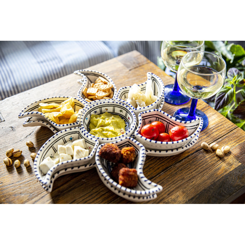 Dipper Handcrafted Ceramic Star Divided Serving Dish - 6 Piece Appetizer and Condiment Tray Set, 2" H x 13" W x 13" L, Blue