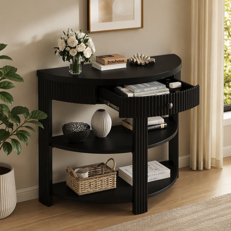 Console avec tiroir et tablettes, Black, Black, Black