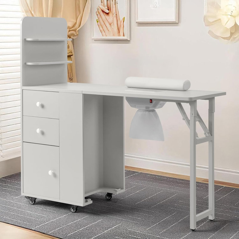 Table de manucure pliable pour Nail Tech avec 2 tablettes ouvertes, dépoussiéreur électrique , Blanc