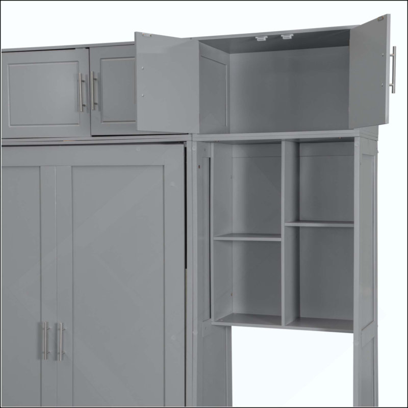 Lit escamotable mural avec bureau, armoire supérieure et tablettes de rangement, lit pliable peu encombrant, Gris, Grand lit