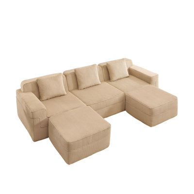 Canapé modulaire modulaire à 3 places en forme de U avec sièges profonds et 2 repose-pieds, canapé Cloud en velours côtelé doux, brun clair
