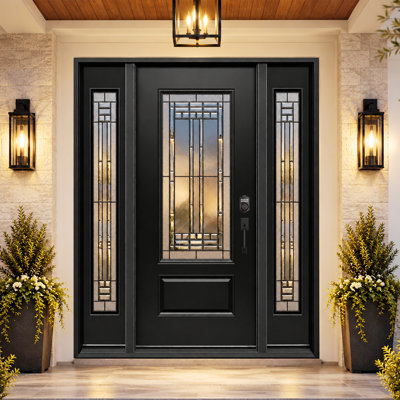 64 po X 80 po Porte d'entrée noire en fibre de verre InsWing avec verre à patine et deux panneaux latéraux