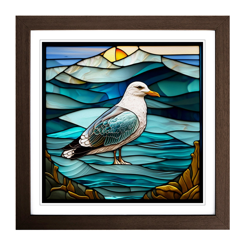 Seagull Stained Glass Effect - Single Picture Frame Print on Wood, Oak
