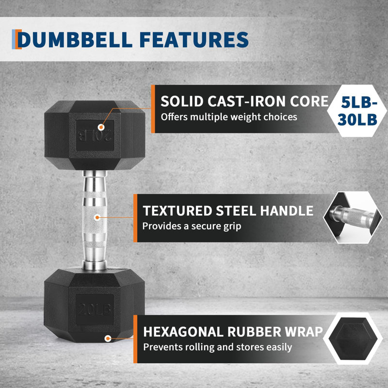 Ensemble de 60 lb (5 * 2 + 10 * 2 + 15 * 2) Ensemble de haltères hexagonaux de haute qualité en fonte enduite de PVC et de caoutchouc, inodore et durable, pour des poids fixes fixes pour l'entraînement en force à domicile