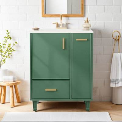 Meuble-lavabo moderne de 24 po avec lavabo, armoire de salle de bain avec tablette de porte, tiroir profond et panier coulissant à 2 niveaux, structure en bois massif et panneau de fibres à densité moyenne