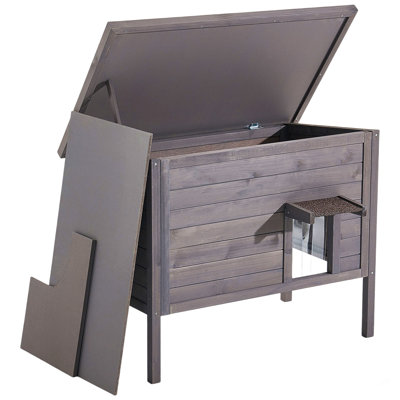 Maison de chat chauffée, maison de chat en bois isolée pour chats d'extérieur, abri de chat sauvage imperméable avec coussin chauffant, porte à rabat en PVC et toit en asphalte ouvert pour 1 à 3 chats en hiver, 34 x 21 x 27 po