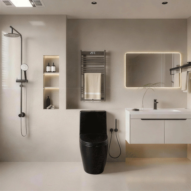 Toilette allongée une pièce à double chasse 1,1 / 1,6 GPF avec 16,14 po | Siphon Jet, Noir