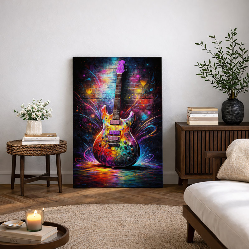 Œuvre d'art de style rue de guitare électrique colorée, images de studio de musique moderne, impression sur toile encadrée