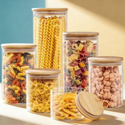 6-Piece Borosilicate Glass Canister Set With Airtight Bamboo Lids - Hermetic Seal Food Storage Jars For Pantry, Kitchen, And Countertop Organization