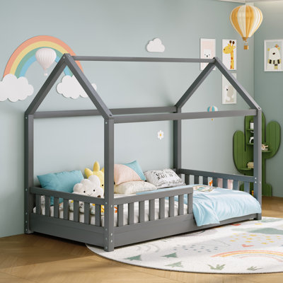 Solid Wood House Bed with Guardrails, Montessori Floor Bed for Kids, Low Profile Toddler Bed Frame with Slats,Gray