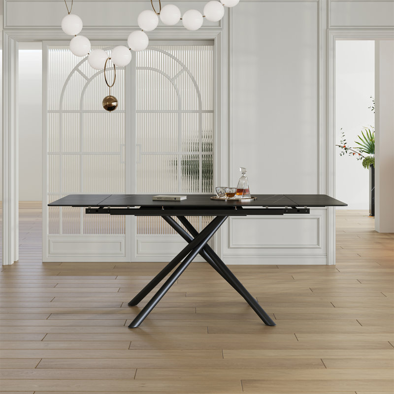 Table de salle à manger rétractable en pierre frittée avec pieds en acier, Noir