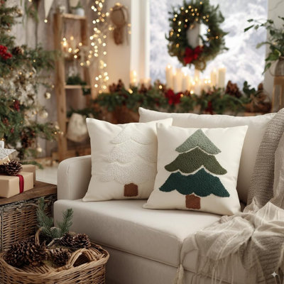 Christmas Pillow Covers 18X18 Inch, Embroidered Xmas Tree Throw Pillows Farmhouse Winter Holiday Decor Cushion Case For Sofa & Bed Home Decorations (Beige) GX004-1-18