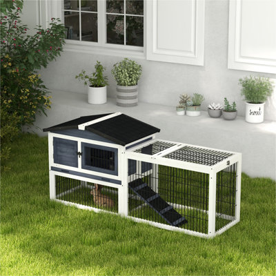 PawHut 2 Levels Outdoor Rabbit Hutch with Openable Top, 59" Wooden Large Rabbit Cage with Run Weatherproof Roof, Removable Tray, Ramp, Dark Gray