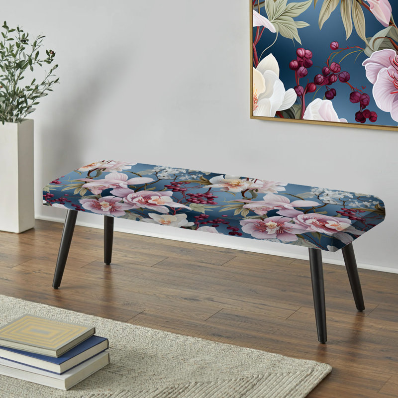 Serene Orchid Floral Pattern - Floral Upholstered Black Bench