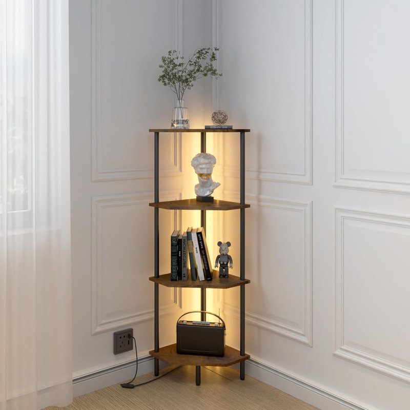 4 Tier Corner Shelf With LED Light,Bookcase For Small Spaces