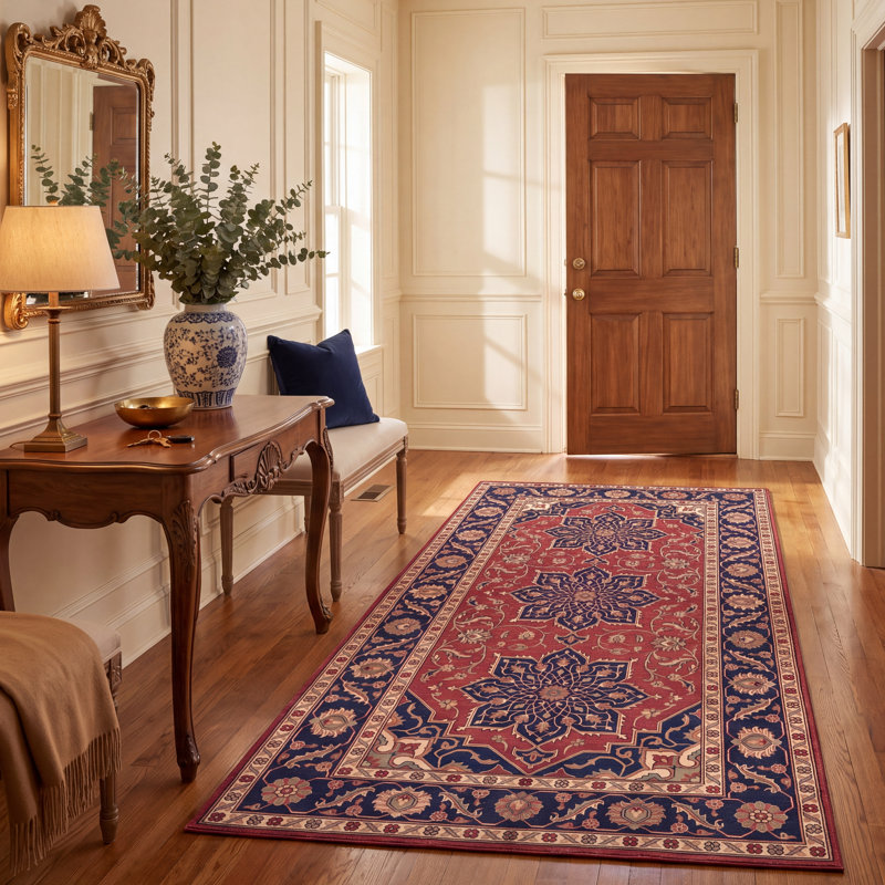 Tapis Myrtle Traditional Medalle de style persan, bleu marine, orange, or, vert, crème, ivoire, lavable à la machine, antidérapant, à poils courts, idéal pour l'intérieur et l'extérieur, adapté aux animaux de compagnie, pour salon, chambre, salle à manger, entrée, couloir, bureau